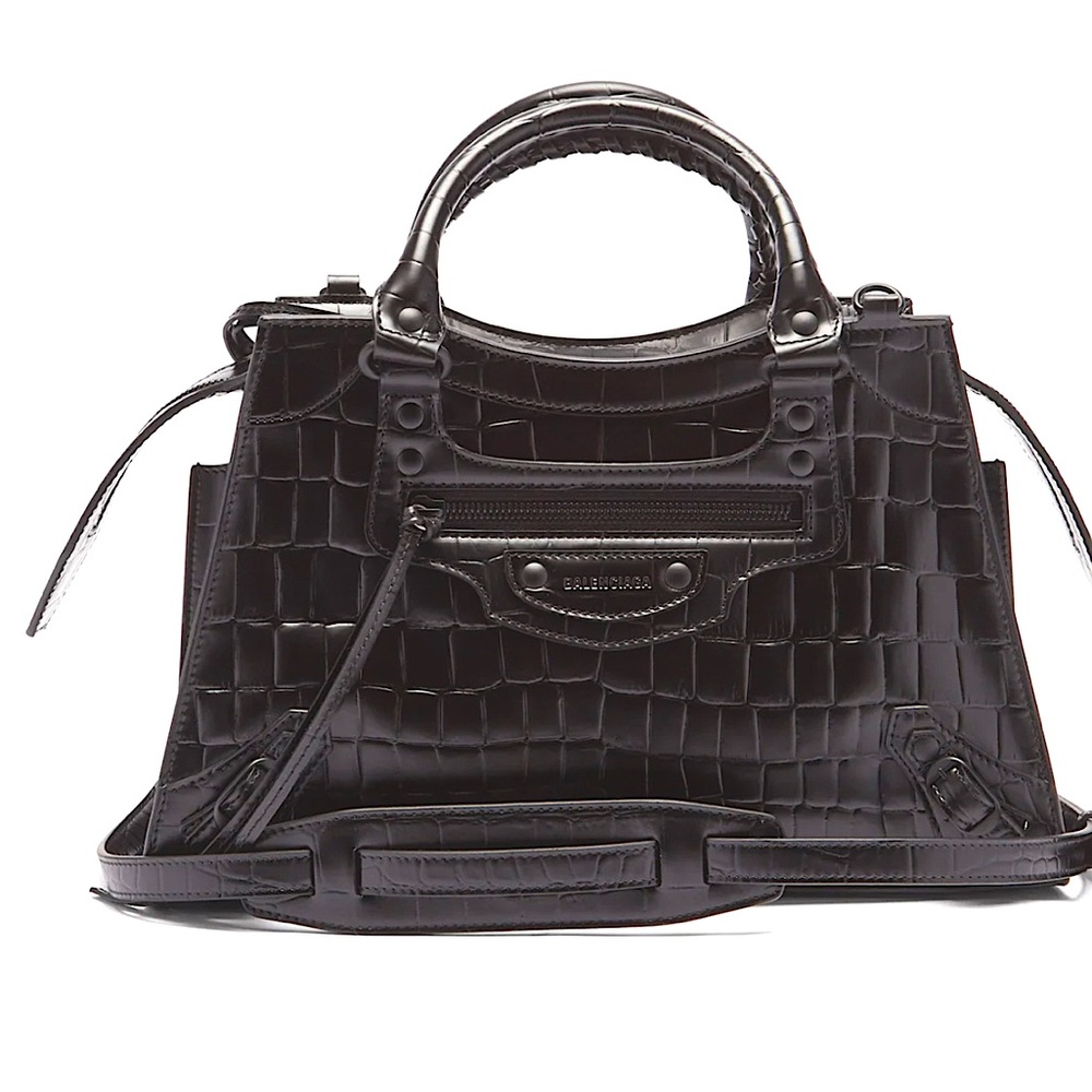 NEW AUTH BALENCIAGA CLASSIC NEO SMALL EMBOSSED CROC LEATHER GUNMETAL MED BAG